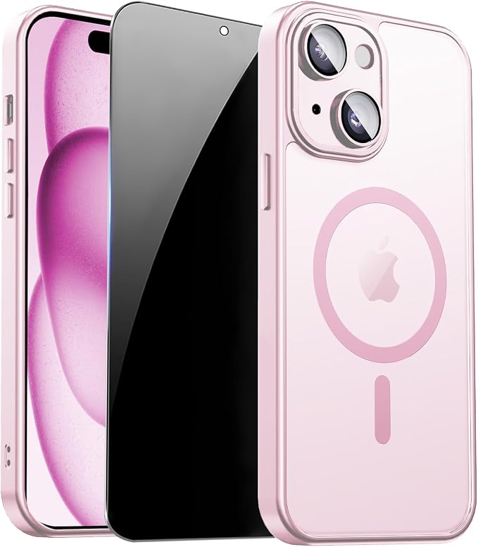 for iPhone 15 Case with Privacy Screen Protector, Pink | Full Camera Protection, Translucent Matte Magnetic, Compatible with MagSafe, Shockproof Phone Cover, Slim Fit Women/Girls by ZOZDOKG