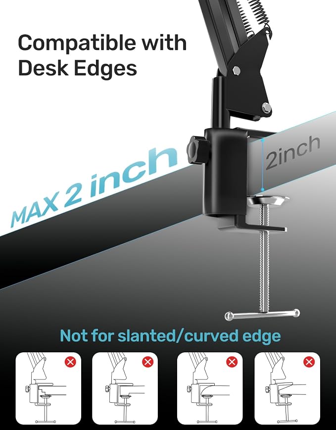 Mic Boom Arm Stand [MAX 3.3lbs] Heavy Duty Desk Scissor Mount for Streaming | for Blue Yeti, HyperX QuadCast S, SoloCast, Snowball, Fifine K669B, AT2020, Medium Arm, Desk Clamp & Cable - Image 6