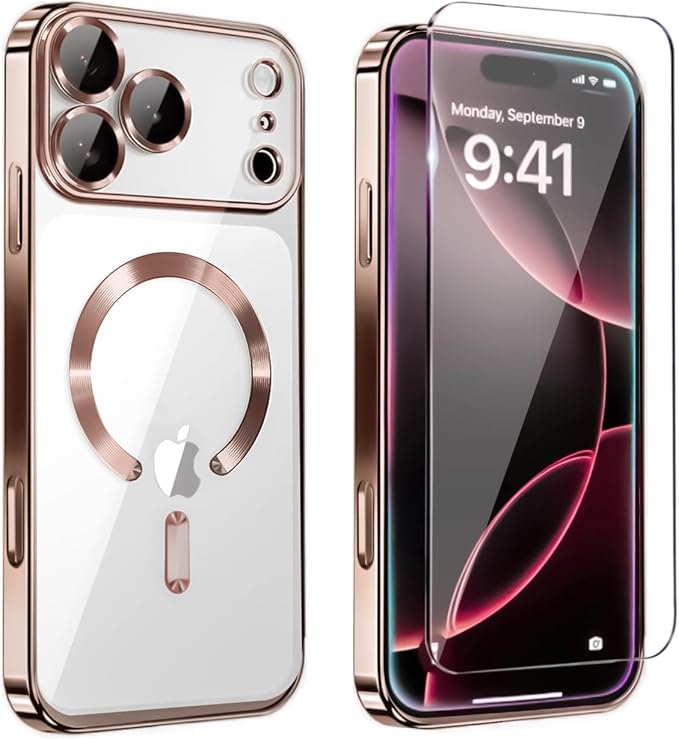 Magnetic Glossy Case for iPhone 17 Pro,iPhone 17Pro Phone Case Slim Clear Luxury with Screen Protector & Camera Protector [Compatible with MagSafe], Shockproof Cover for iPhone Pro 17-Rose Gold by Unknown