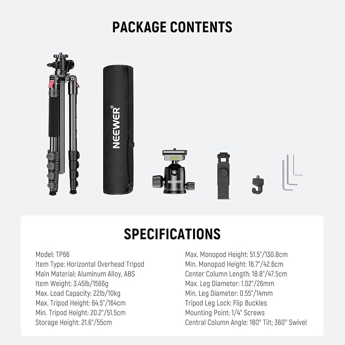 NEEWER Basics 64.5" Horizontal Overhead Tripod with Ball Head/Cell Phone Holder Compatible with iPhone Video Recording, Aluminum Travel Stand Camera Monopod, 360° Pan 180° Tilt 22lb/10kg Load, TP66 - Image 7