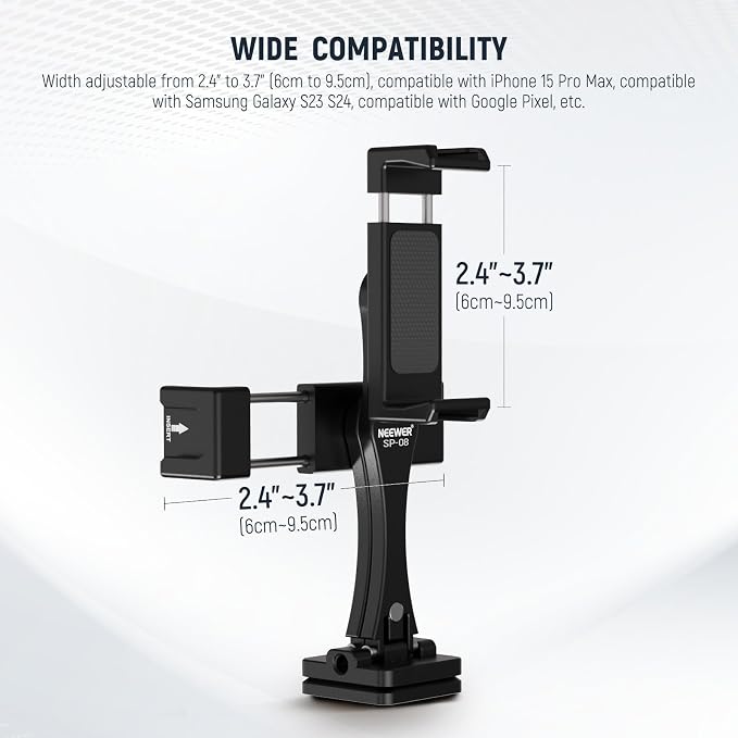NEEWER Metal Phone Tripod Mount Adapter with Arca QR Base, 360° Rotatable Dual Cell Phone Clip Clamp Holder with 4 Cold Shoes Compatible with iPhone Samsung for Vlog Live Stream Video Recording, SP-08 - Image 4