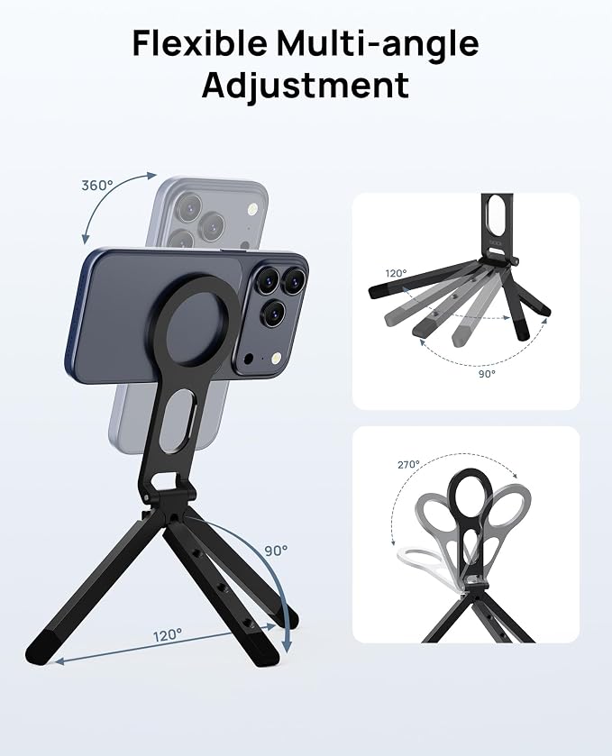 Magnetic Phone Tripod Stand for iPhone - Strong Magnet Foldable Cell Phone Stand for Vlog, Gym, Travel Essentials, Mini Tripod Phone Stand Compatible with iPhone 17 16 15 14 13 12 Series (Black) - Image 4