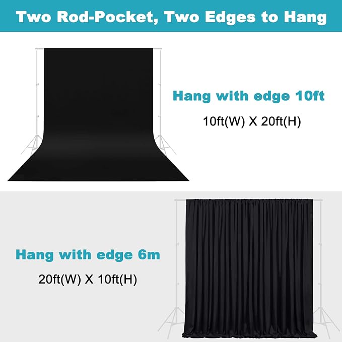 10X20ft Black Photo Backdrops for Photography, LCUIRC Two Rod Pocket Backdrops Curtain for Parties, Polyester Fabric Background with 4 Clamps for Product Protrait Photoshoot or Parties Decoration - Image 3