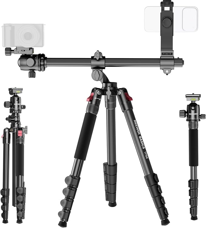 NEEWER Basics 64.5" Horizontal Overhead Tripod Monopod for Dual Camera Aluminum Travel DSLR Camcorder Stand with Cell Phone Holder Compatible with iPhone for Video Recording, 22lb/10kg Load, TP66 by Neewer