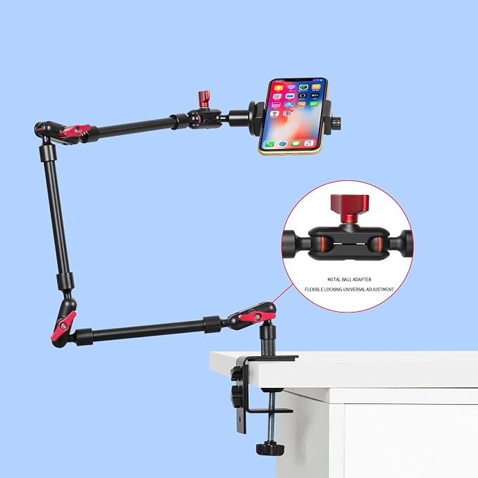 Magic Arm with Clamp, Long Articulating Arm Camera Mount, Adjustable Phone Mount Holder 360° Rotation, Mic Arm for Microphone, LED Lights, for Phone, Tripod, Desk, Table - Image 6