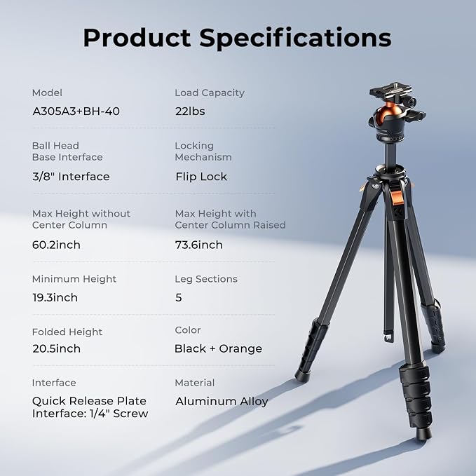 K&F CONCEPT 73" Aluminum Travel Tripod for Camera/Phone | Compact Lightweight 2.9lb, Arca Ball Head, 22lb Max Load for DSLR/Mirrorless/iPhone Video, A305A3+BH-40 - Image 7