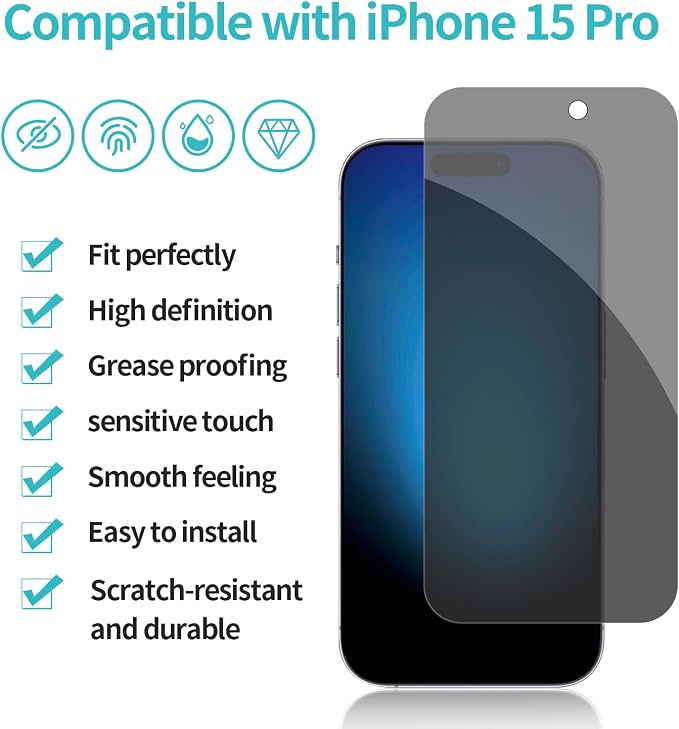 PEHAEL for iPhone 15 Pro Privacy Screen Protector+Camera Lens Protector | Installation kits, Anti-Spy Private, Anti-Scratch, 9H Tempered Glass, Case Friendly, 2+2 Pack, [6.1 inch] - Image 2
