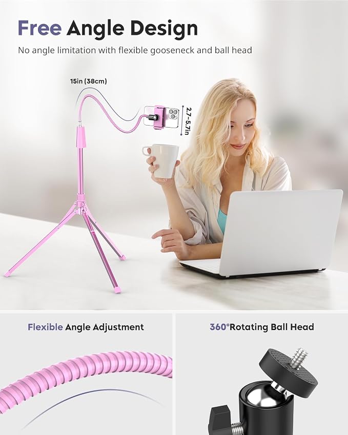 Aureday Phone Tripod, 92" Cell Phone Stand with 15" Gooseneck, Remote and Phone Holder, Overhead & Selfie Stick for Recording/Watching/Vlog, Compatible with iPhone Android, Pink - Image 2