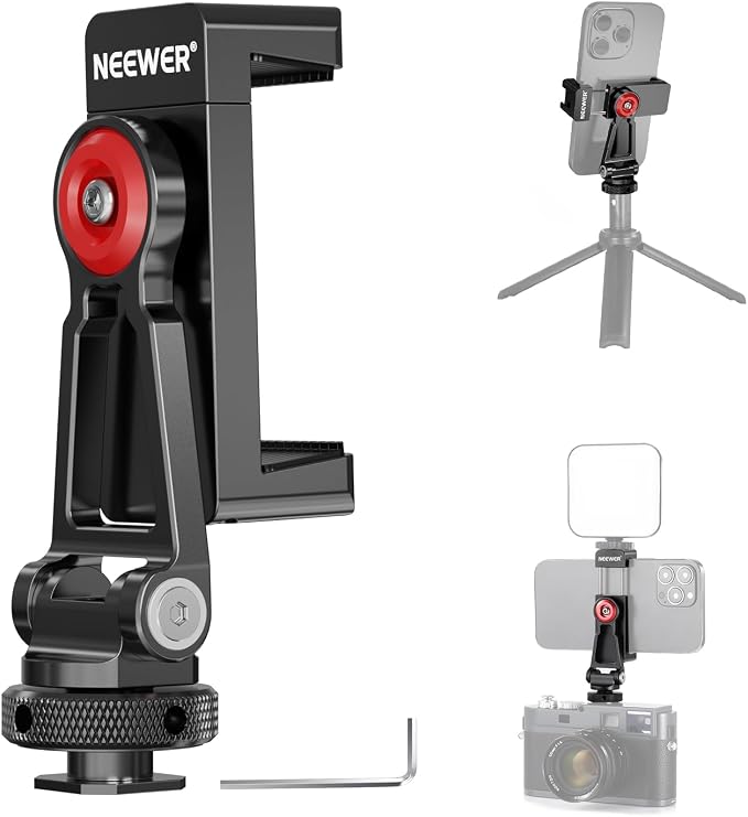 NEEWER Metal Phone Tripod Mount Adapter with Cold Shoe Base, PA001 | 360° Phone Holder, 2 Cold Shoe Mounts for Video Light/Mic, Vlogging, Universal Compatible with iPhone Samsung Huawei by Neewer
