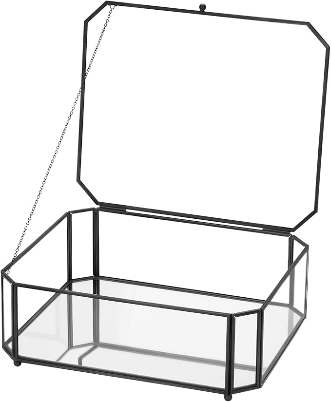 REDHUGO Large Glass Boxes for Display Handmade, Octagon, Black | Handmade Glass Jewelry Box with Mirrored Bottom and Lid, Ideal for Trinkets, Photos, Keepsakes and Vanity Decor by REDHUGO