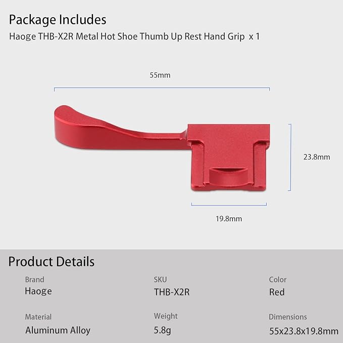 Haoge THB-X2R Metal Hot Shoe Thumb Up Rest Hand Grip for Fujifilm X100VI Fuji X100V Camera Red - Image 7