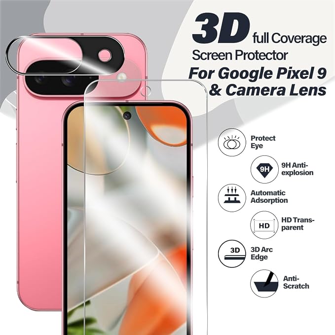 BIGFACE for Pixel 9 Tempered Glass Screen Protector + Camera Lens Protector [ 2 + 2 Pack ][Ultrasonic Fingerprint Unlock] [Anti-Scratch] [Case Friendly] Clear HD Protective Film for Google Pixel 9 5G - Image 2