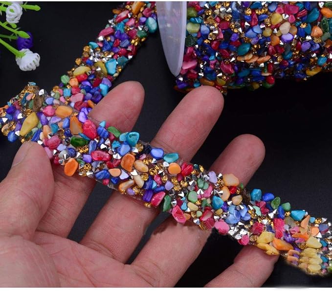 Crystal Rhinestone Trim Hotfix Ribbon Colorful Artificial Gem Stone Beaded Iron On Applique Chain Embellishment Sewing Accessories by EORTA for DIY Wedding Bridal Dress Shoes Phone Decor, 2 CM Width by EORTA