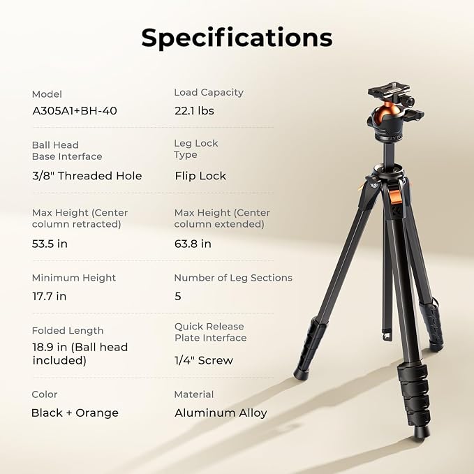 K&F CONCEPT 63" Aluminum Travel Tripod for Camera/Phone | 2.6lb Compact with Arca Ball Head, 22lb Max Load Heavy Duty for DSLR/Mirrorless/iPhone Video, A305A1+BH-40 - Image 7