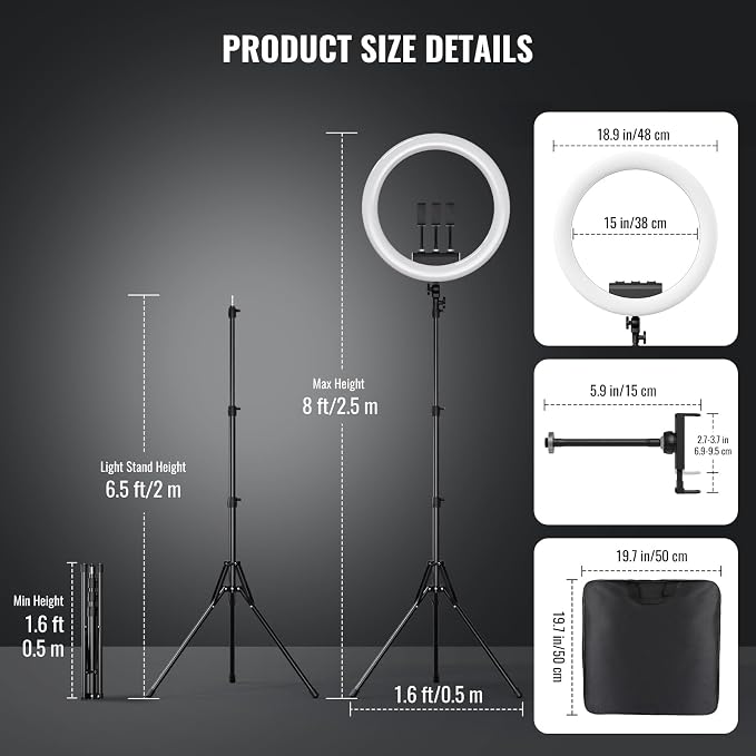 Ring Light with Stand, 19in LED Selfie Circle Light, Max 8ft/2.5m Tripod Stand, 3 Holders for iPhone, Remote Control, 6300K Color Temperature for Live Streaming, Barber, Makeup, YouTube, Tiktok - Image 6