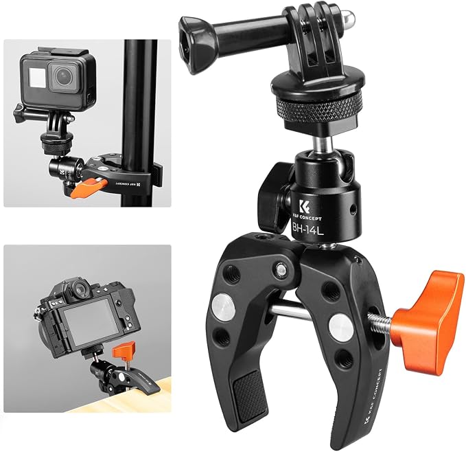 K&F CONCEPT Super Clamp Camera Clamp with 360° Ballhead | Compatible with GoPro/Insta360/Pocket 3, 1/4" Screw & Cold Shoe Mount for Camera/Monitor/Light/Microphone, MS26 by KFCONCEPT