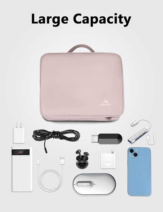 MATEIN Charger Organizer Travel Case for Women, Cord Organizer Travel | Double Layers, Portable Electronic Accessories Case with Handle, for Charger, Phone, Earphone, Tablet, Pink Gift - Image 2