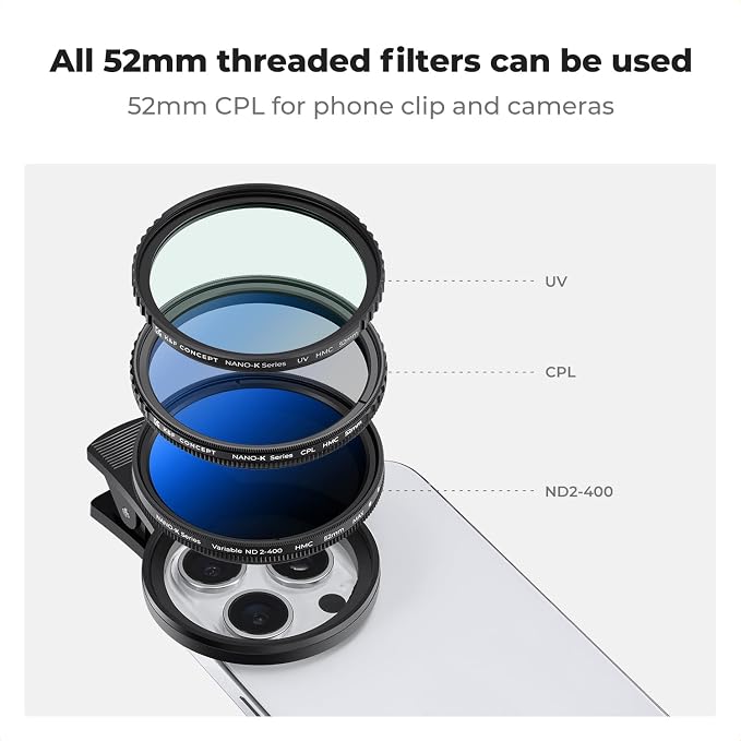 K&F CONCEPT 52mm Clip-on CPL Phone Camera Lens Filter Kit | Circular Polarizer Polarizing Filter Compatible with iPhone 17 16 15 14 13 12 11 - Image 7
