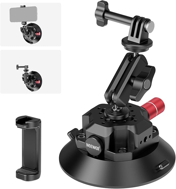 NEEWER 4.5" Suction Cup Camera Mount with Ball Head Magic Arm, CA105 | 1/4" 3/8" ARRI Holes, Quick Release Car Mount, Phone Holder, Action Camera Adapter, Compatible with iPhone DJI Insta360 by Neewer
