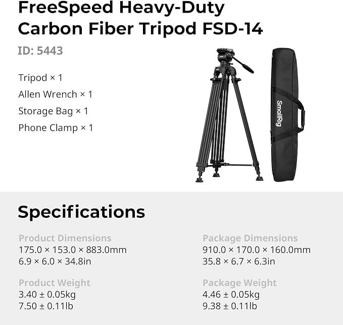 SmallRig FreeSpeed Heavy Duty Carbon Fiber Video Tripod, 73" Camera Tripod with Fluid Head for Manfrotto Plate, One-Knob Quick Extend, 75mm Bowl, Weigh 7.5lb, Load up 22lb for DSLR Camera, Camcorder - Image 9