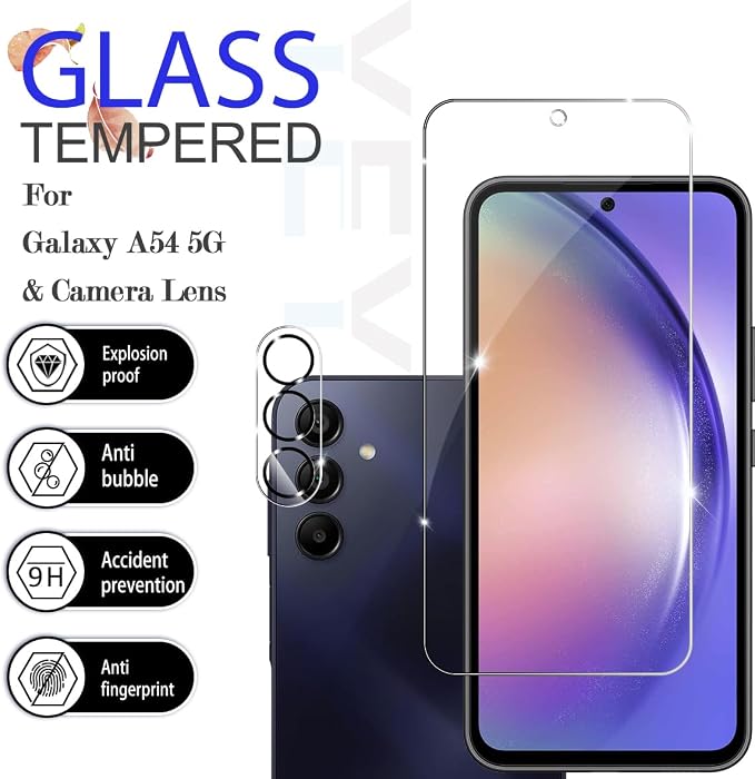 Galaxy A54 HD Clear Tempered Glass Screen Protector + Camera Lens Protectors, [2+2 Pack] [3D Glass] [Anti-Glare] [Bubble-Free] Screen Protector Glass For Samsung Galaxy A54 - Image 2