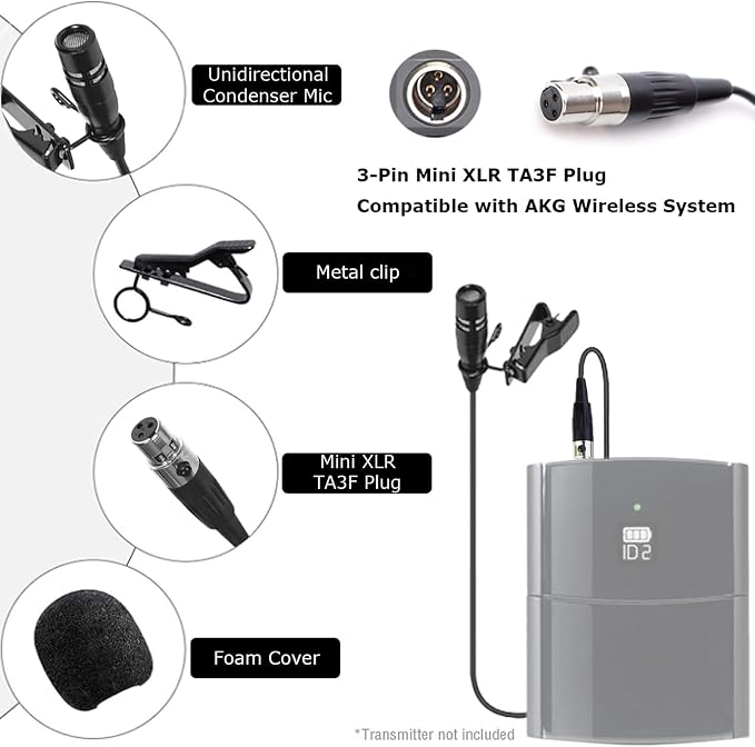 Lavalier Microphone Lapel Mic Compatible with AKG Bodypack | Unidirectional Condenser Super Cardioid Clip-On Mic for Wireless Transmitter System with Mini XLR 3 Pin TA3F Plug - Image 7