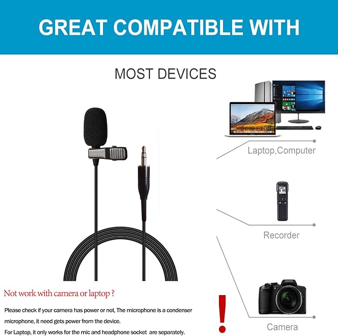 Pro Lavalier Microphone Lapel Microphone 3.5mm (1/8'') TRS Unidirectional Condenser Mic for PC Camera Voice Amplifier Wireless Transmitter, Ideal for Lectures, Podcasts - Image 2