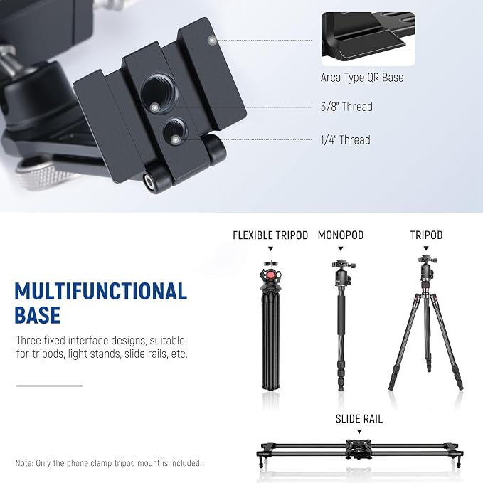 NEEWER Smartphone Tripod Mount Aluminum Alloy, 360° Rotatable Phone Stand | Cellphone Holder Clamp, Cold Shoe, Arca Base, Compatible with iPhone Samsung Galaxy Google Pixel & 2.6"-4" Wide Smartphones - Image 4