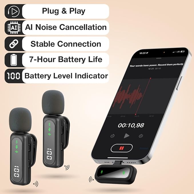 Wireless Lavalier Microphone for iPhone & Android, 2 Pack Mini Mic with USB-C/Lightning/USB-A Receiver, Plug & Play No Bluetooth, AI Noise Cancelling Lapel Mic for TikTok YouTube Vlog Podcast - Image 5