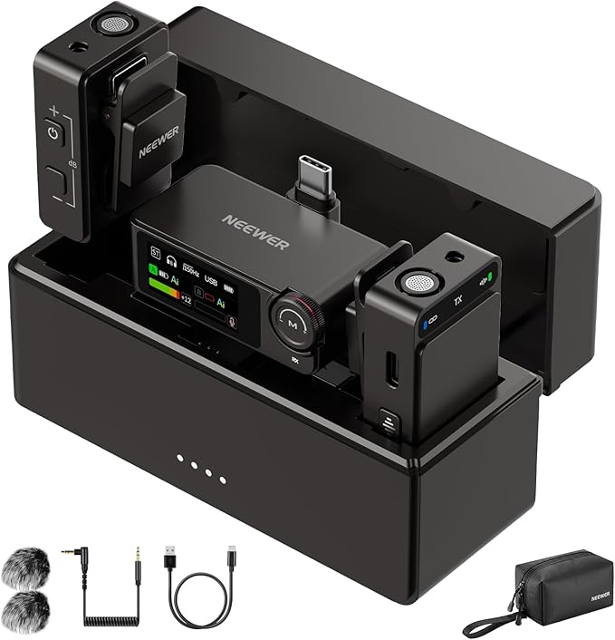 NEEWER CM36 Wireless Lavalier Microphone with Charging Case, App Control, AI Noise Cancellation, 48KHz/24bit, 85dB SNR, 54H Battery, 328ft Range, Mini Lav Mic for iPhone Android Phone Vlog Camera PC by Neewer