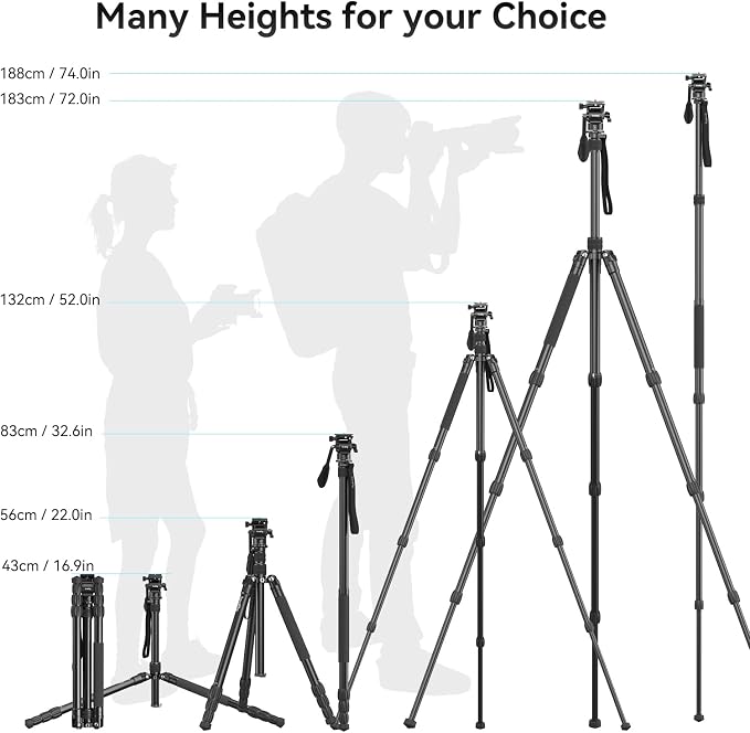 SmallRig CT180 Video Tripod, 72" Camera Tripod Monopod with Fluid Head, Aluminum Camera Tripod, 360° Panorama Fluid Head for Travel, Video, Live Streaming, Vlogging- 3760B - Image 3