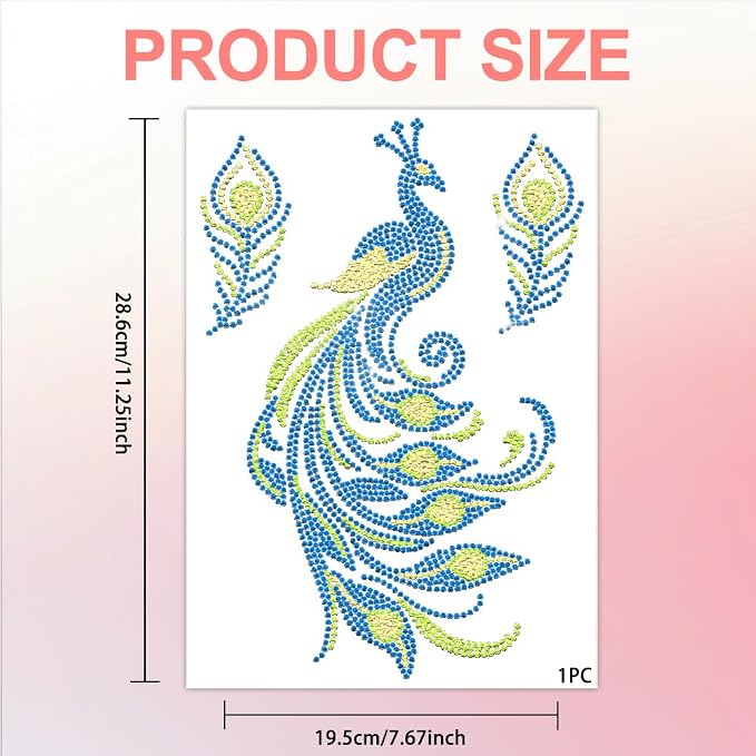3 Pcs Peacock Pattern Iron on Rhinestones Transfer, Bling Crystal Clothing Repair Applique Heat Transfer Patches for T-Shirt Vest Shoes Hat Jacket Pants Bags Decor - Image 3