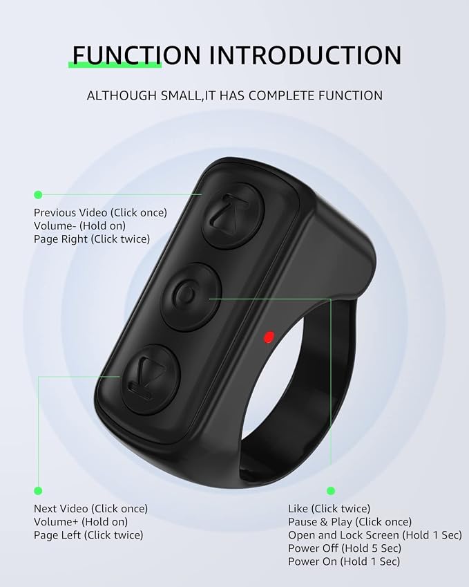 Fingertip Bluetooth Remote Control TIK TOK Wireless Page Turner TYUOBOX Camera Remote Shutter Selfie Button Controller with Charging Case for iPhone Android Ipad Cell Phone (Black) - Image 3