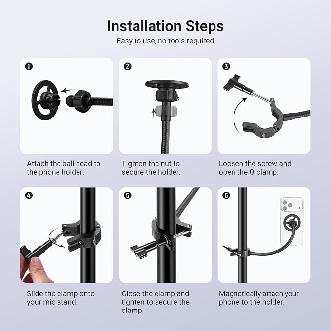 NEEWER BASICS Magnetic Phone Holder for Mic Stand with Flexible Tube, Magnet Adjustable Boom Pole Arm Mount Compatible with iPhone Android Samsung for Microphone Music Guitar Audio Recording, MS040 - Image 6