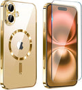 Magnetic Glossy Case for iPhone 17,iPhone17 Phone Case Slim Clear Luxury with Screen Protector & Camera Protector [Compatible with MagSafe], Shockproof Cover for iPhone Case 17-Gold by Unknown