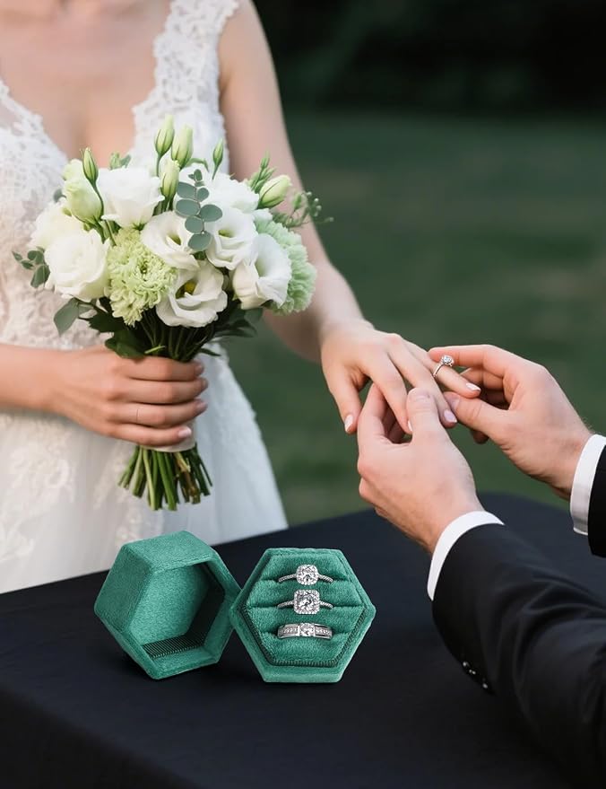 MFXIP Velvet 3 Slots Jewelry Ring Box Engagement Wedding Box Keepsake Box Bridal Photo Ring Triple Slots Hexagon - Image 6