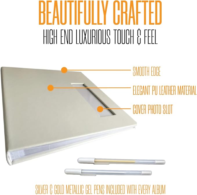 2x6 Photo Strip Album, White Cover White Pages, 2 Gel Pens | Leather-cover photo strip scrapbook journal holds 2x6 photos. Album guest book for weddings, graduations, anniversaries. - Image 2