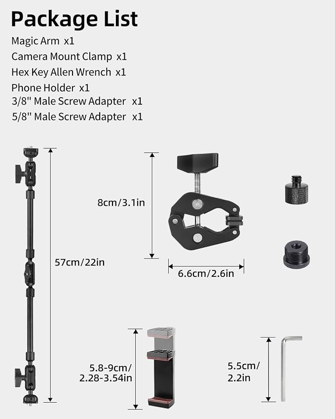 22" Magic Arm w Clamp, Overhead Phone Mount, Desk Camera Mount w Articulating Friction Boom Arm Thread Adapter, for Phone Video Light Webcam Microphone Action Camera Content Creators - Image 9