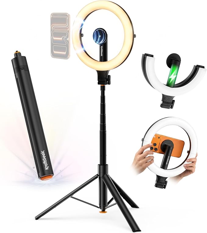 KraftGeek Ring Light with Stand, Magnetic Phone Tripod with Light | 5000mAh Rechargeable 10.2" LED Ring Light, Portable Foldable Design, Auto-Open Tripod, Up to 76" Height, Up to 10H Runtime by KraftGeek