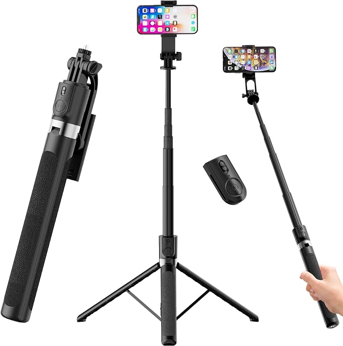 71-Inch Extendable Phone Tripod and Selfie Stick with Wireless Remote, 360° Rotating Holder, Portable Travel Tripod Stand for iPhone, Android and Action Cameras by Rupital