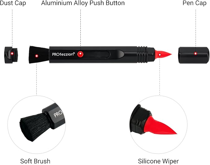 PROfezzion Double-Ended Lens Cleaning Pen for Electronics, Black | Soft Brush & Silicone Wiper Included, for Electronics, Earbuds, Laptop, Cell Phone, Keyboard, Camera Lens, Easy to Carry - Image 2