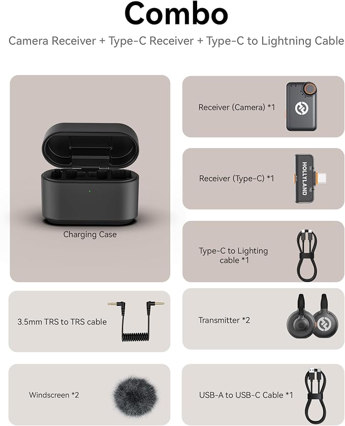 Hollyland Lark M2S Combo (Camera RX+USB-C RX+ Lightning Cable) Wireless Microphone for iPhone/Camera/Android/PC, Titanium Clip, Noise Cancelling, 30H Use, Vlog, Interview, Content Creation | Camera receiver, USB-C receiver, Lightning cable, titanium cl... - Image 9