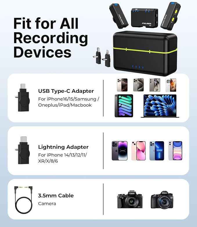 FULAIM Wireless Lavalier Microphone System, Lavalier Lapel Mic with 54H Battery Life Charging Case for DSLR Cameras/iPhone/Android/Live Streaming - Image 4