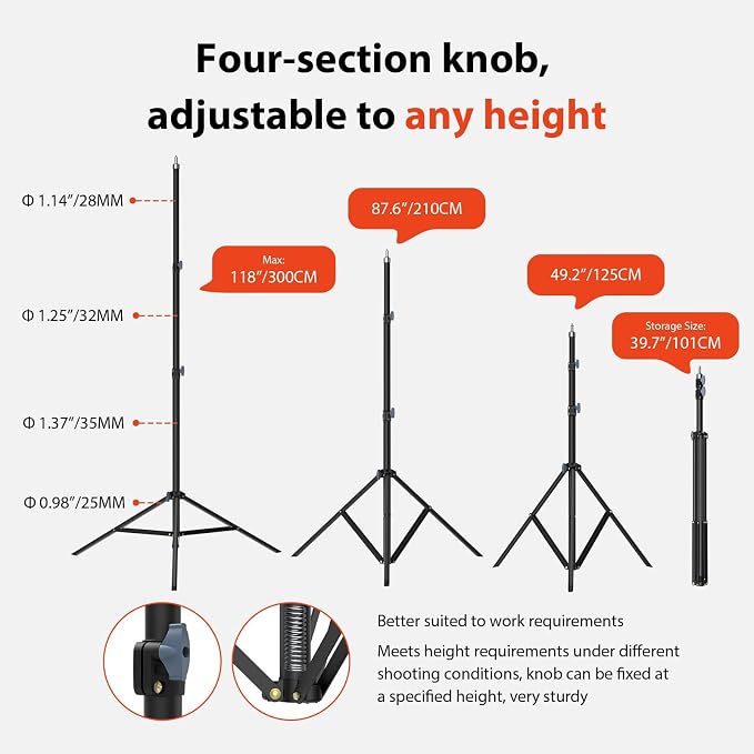 10ft 118" Heavy Duty Photography Light Stand, Ringlight Tripod-Ø32mm | 10ft Ø32mm heavy-duty photography light stand with 1/4" screw, height adjustable support for ringlight studio Reflectors - Image 3