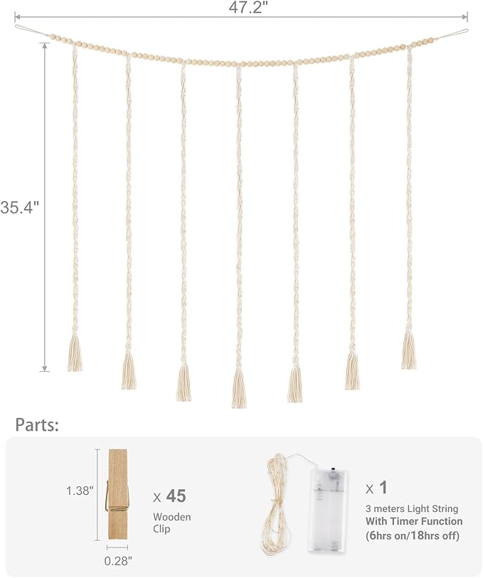 Mkono Hanging Photo Display, Boho Macrame Wall Decor with Lights, Ivory | 45 Clips, String Lights, Teen Girl Stuff Gifts, Wooden Beads Banner, Pictures Postcards Holder, Bedroom Living Room Dorm - Image 6