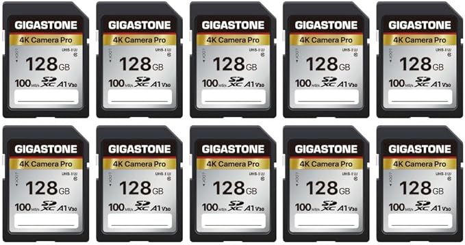 【5-Years Data Recovery】 GIGASTONE 128GB SD Card 10-Pack, 4K Camera Pro, UHS-I A1 V30 SDXC Memory Card 4K UHD Video Speed up to 150MB/s, Compatible with Digital Camera, with 10 Mini Cases by Gigastone