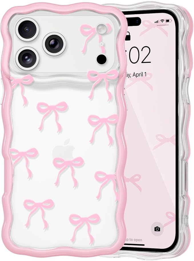 QLTYPRI for iPhone 17 Pro Max Pink Bow Case, Clear Cute Pink Ribbon Bow Phone Case Curly Wavy Aesthetic Phone Cover, Soft Slim Transparent TPU Shockproof Protective Cover for Women Girls - Ribbon Bow by QLTYPRI