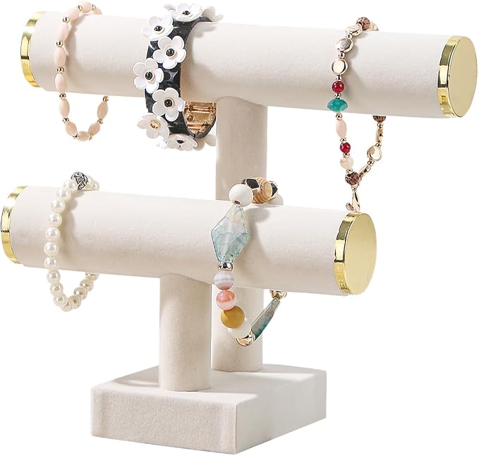 Bracelet Holder,Bracelet Display Stand with Metal Cap,Velvet Jewelry Organizer Displays for Necklace Scrunchies Watches Hair Ties. (Beige, 2 tier) by Pengup