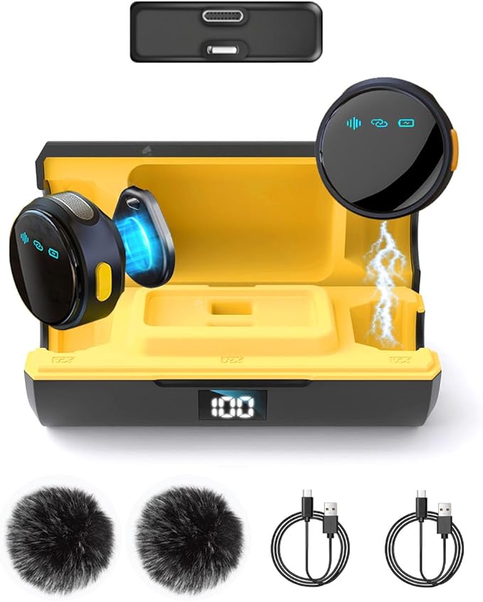2Pack Wireless Lavalier Microphone for iPhone iPad Android with Charge Case, Mini Clip/Magnetic Microphones for Lightning/USB-C Video Recording, Vlogging, YouTube, Interviews, 100FT by Caiord