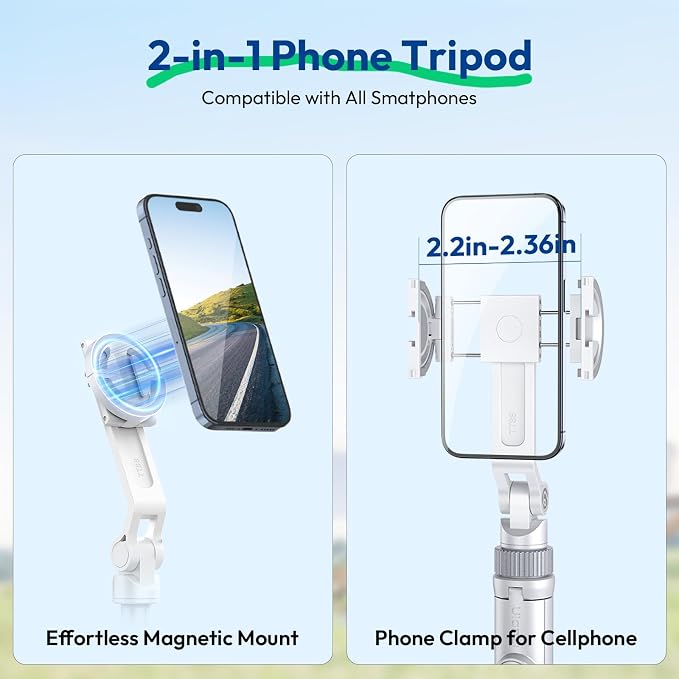 ULANZI TT88 Magnetic Tripod for iPhone 17, 57" Extendable Selfie Stick w Remote, 2-in-1 Phone Clip & Dual Cold Shoe Mounts-Lightweight Phone Tripod Stand for Vlogging, Travel, Video Recording, White - Image 2